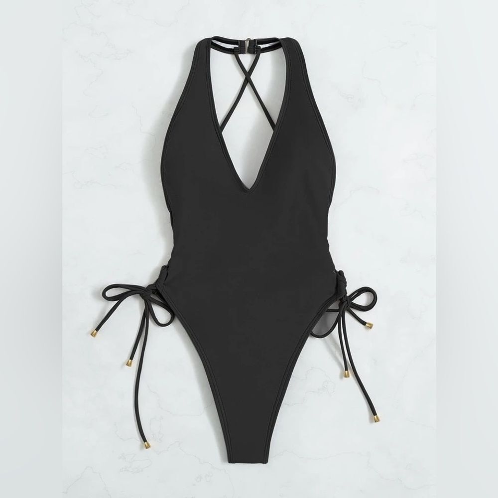 Black One-Piece Thong / Cheeky Crisscross Strappy Swimsuit